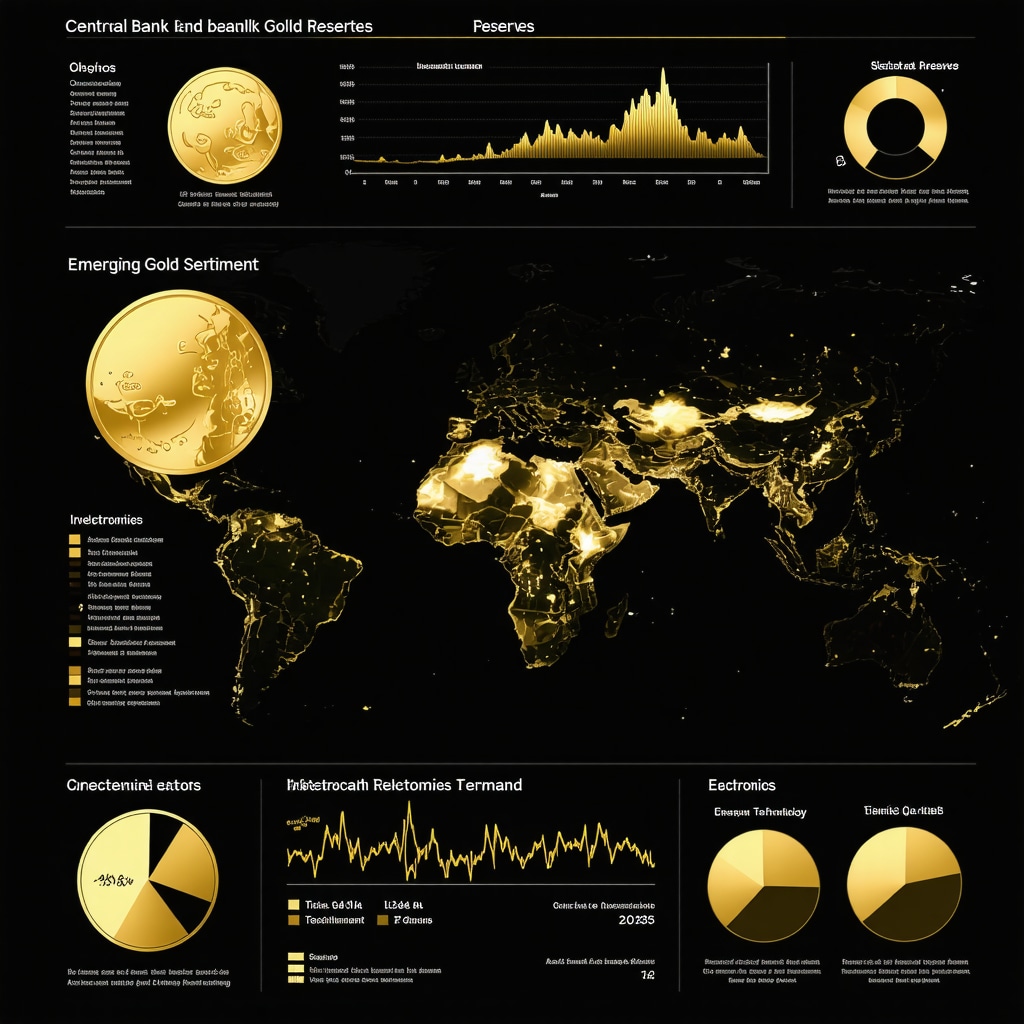 Infographic illustrating central bank gold reserves, investor sentiment, and new gold demand sectors for 2025