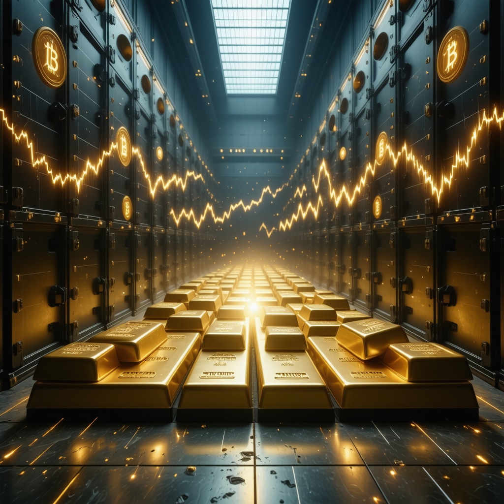 Visual representation of gold market dynamics in 2025 including central bank vaults, gold bars, blockchain symbols, and financial charts