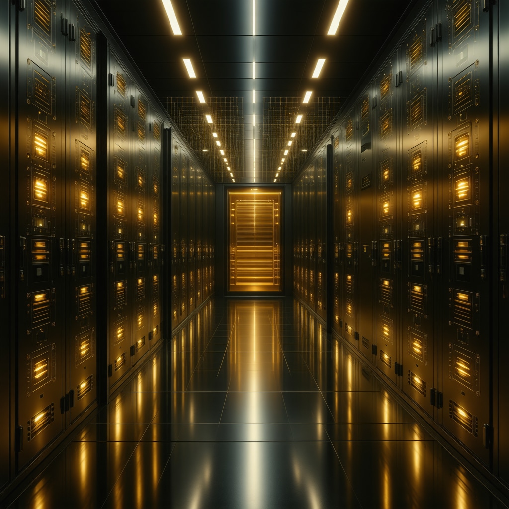High-tech gold vault featuring biometric security and blockchain digital interface