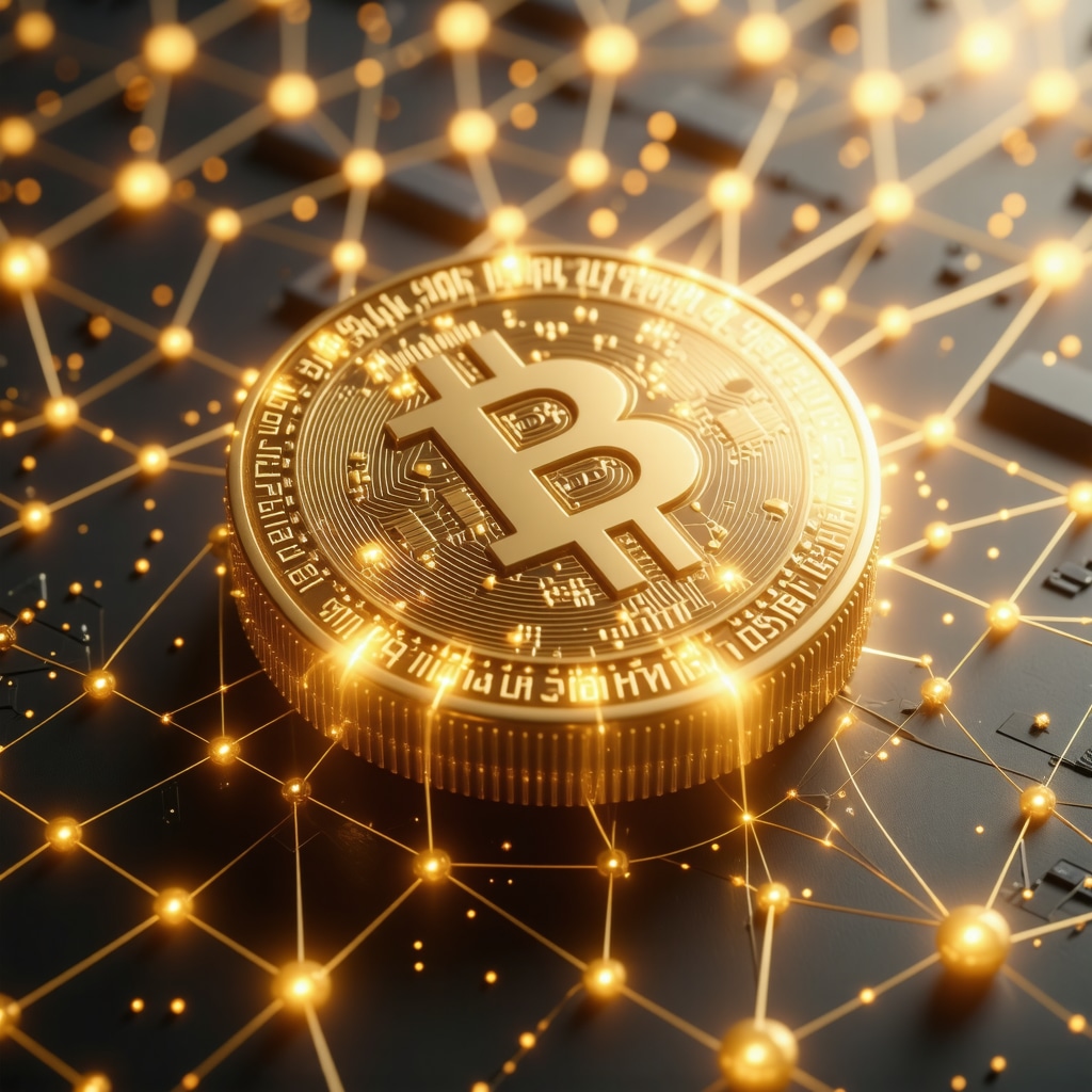 Digital gold token floating over a blockchain network with glowing nodes representing gold tokenization technology