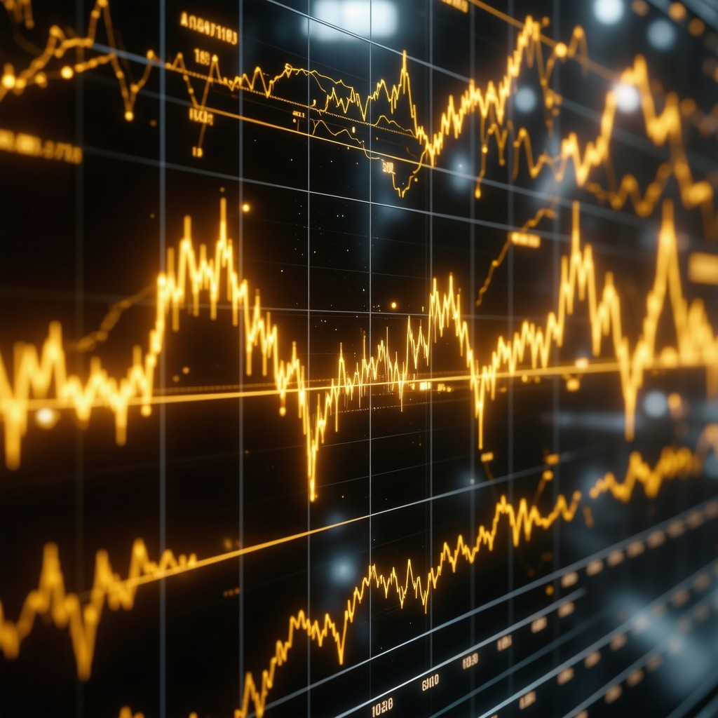 Futuristic digital interface showing gold price charts alongside ESG and blockchain data
