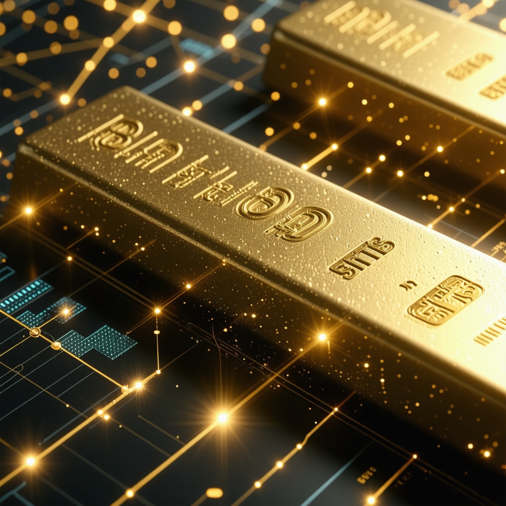 Futuristic digital artwork showing gold bars connected with blockchain icons and financial data charts