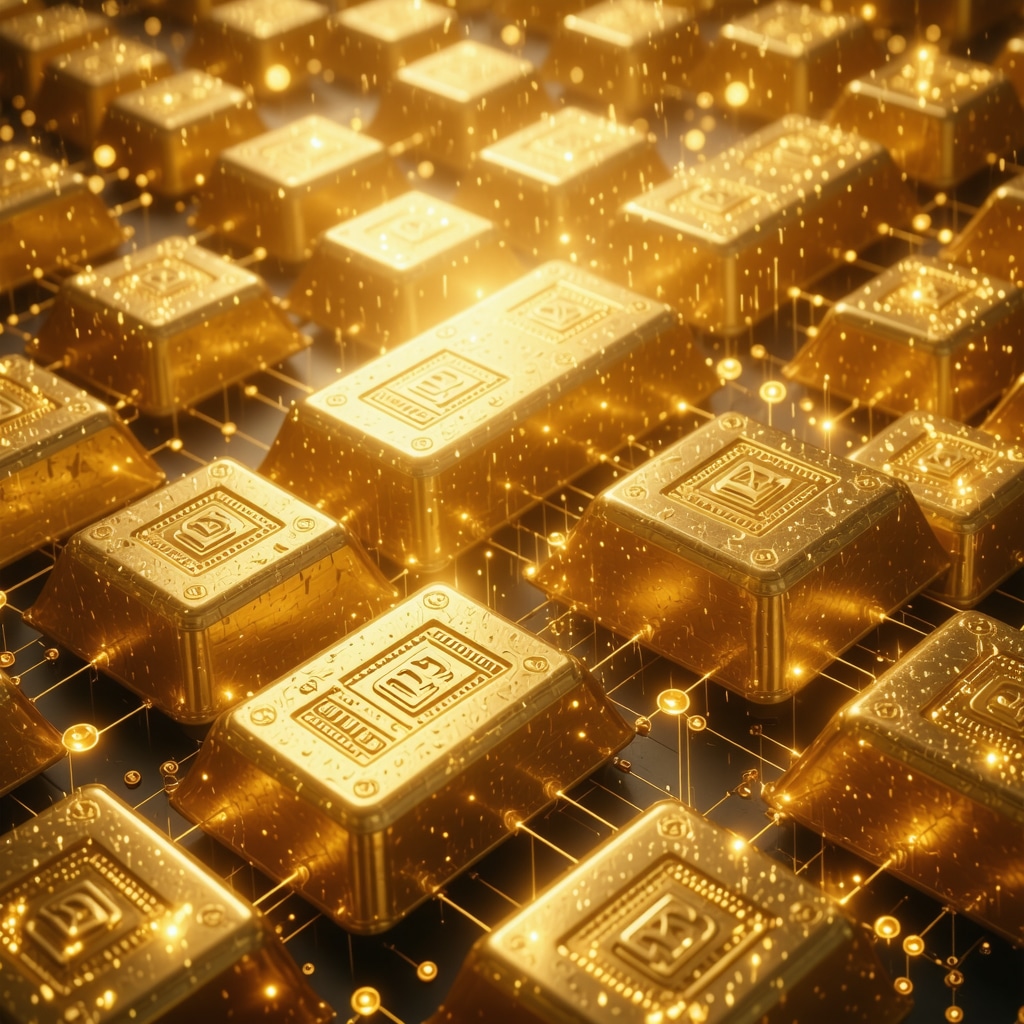 Digital illustration of gold bars transforming into blockchain-connected digital tokens representing tokenized gold investment