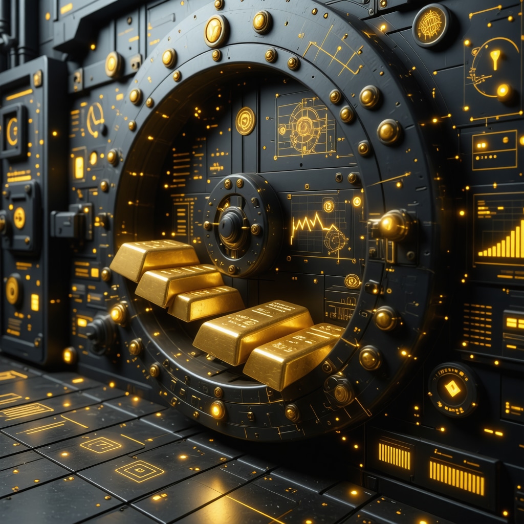 Futuristic vault with gold bars and blockchain graphical overlays representing advanced Gold IRA custodial technology