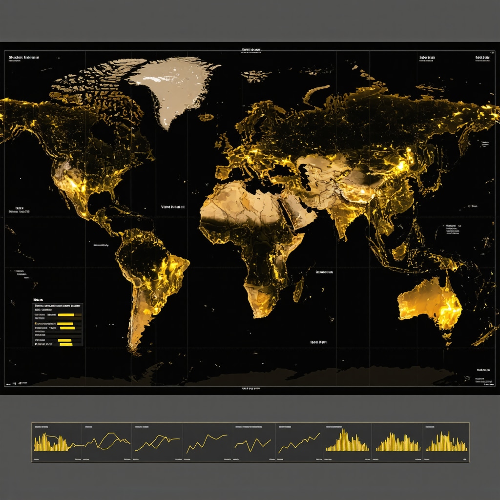 Digital dashboard with gold prices, geopolitical risk heatmaps, and currency exchange graphs