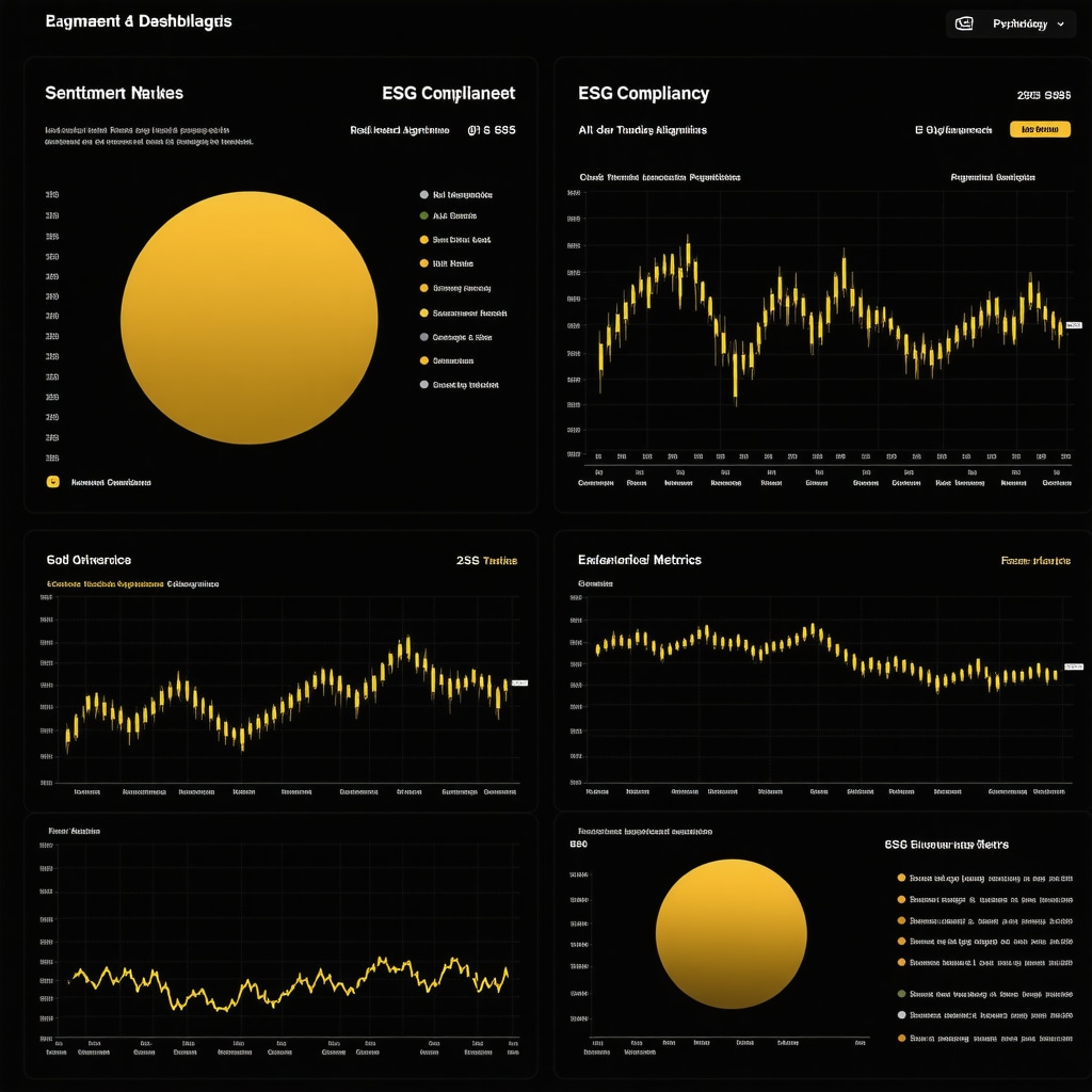 Digital dashboard showing gold price charts, sentiment indices, AI trading algorithms, and ESG scores
