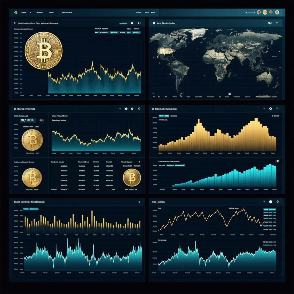 Futuristic digital dashboard with charts and blockchain networks illustrating central bank gold reserves and market data