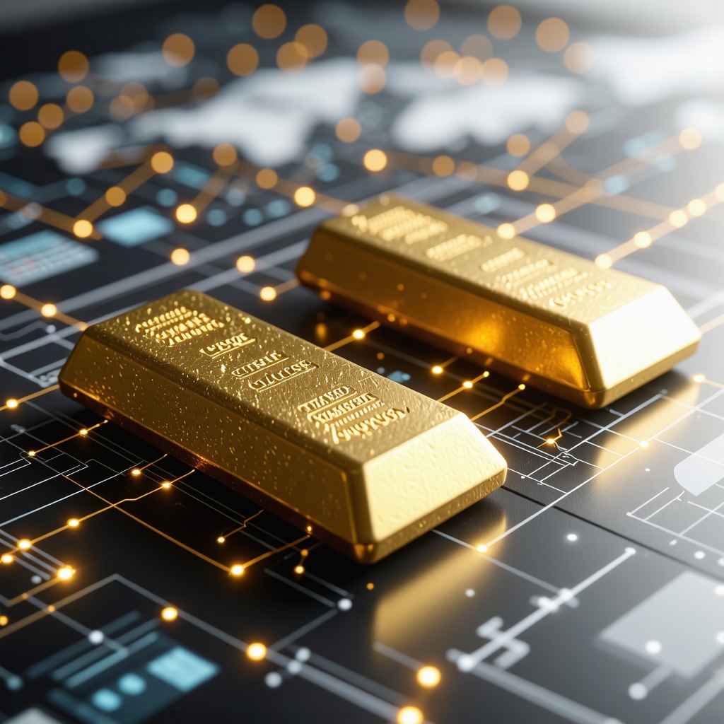 Blockchain and AI technology overlay on physical gold bars illustrating advanced gold dealer vetting
