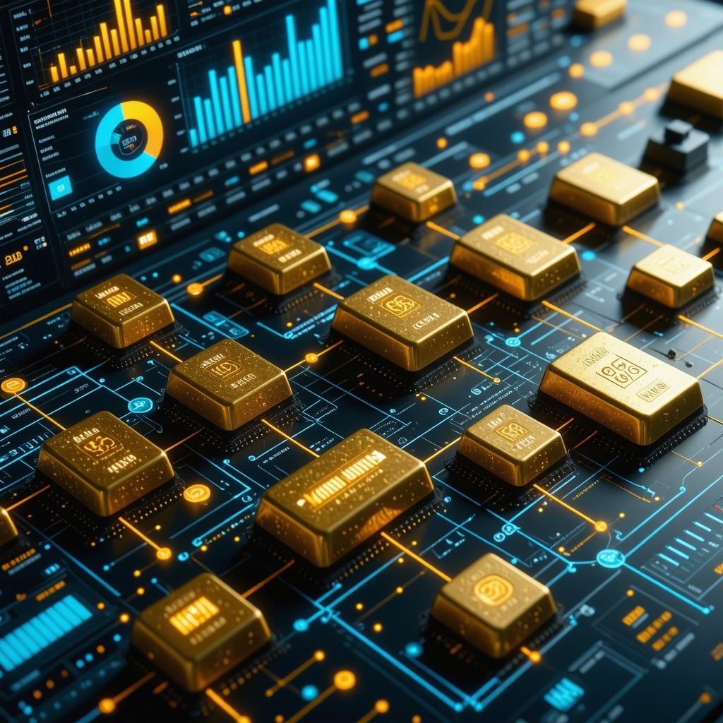Futuristic dashboard showing blockchain technology linked with gold bars and ESG metrics for advanced investment analysis