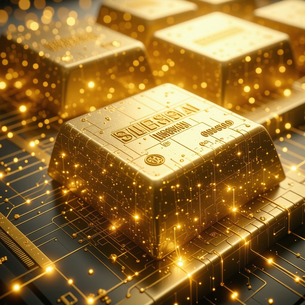 Futuristic gold bars linked with blockchain and AI analytics illustrating innovation in gold investments