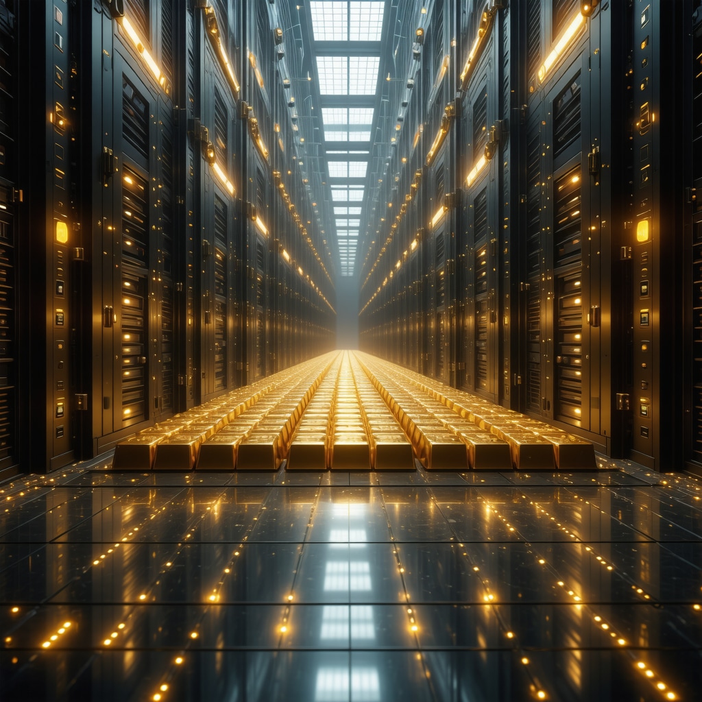 Futuristic digital vault with blockchain overlay and physical gold bars representing advanced gold investment security