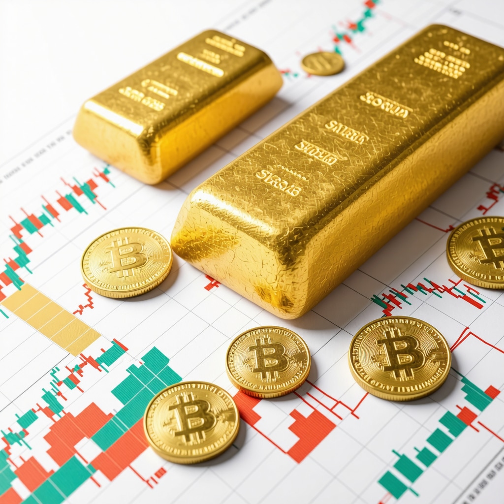 Image showing physical gold bars, coins alongside digital stock charts symbolizing gold stocks for investment diversification
