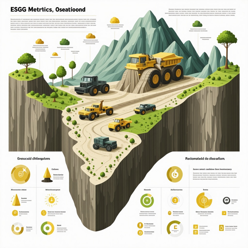 Infographic showing ESG metrics combined with AI technology in gold mining operations including automation and sustainability analytics