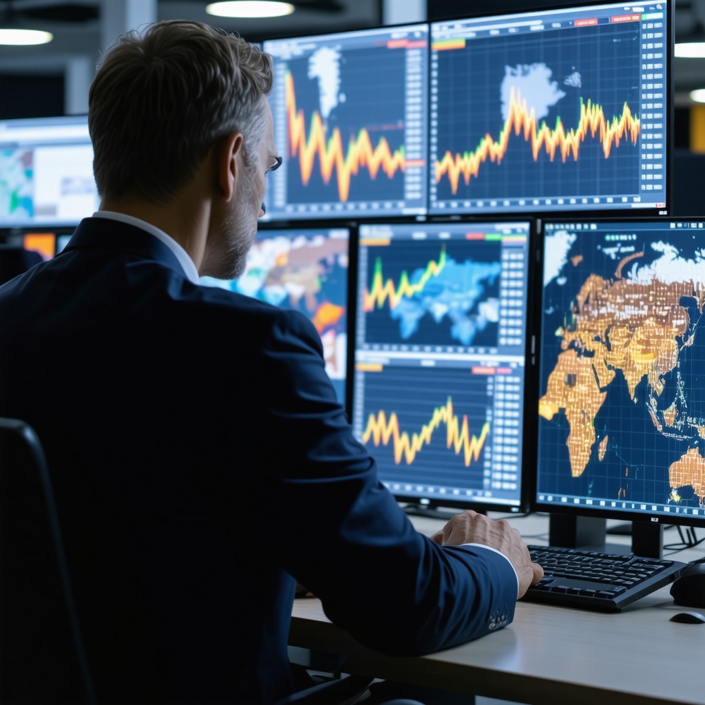 Investor reviewing gold market data and geopolitical events on screens