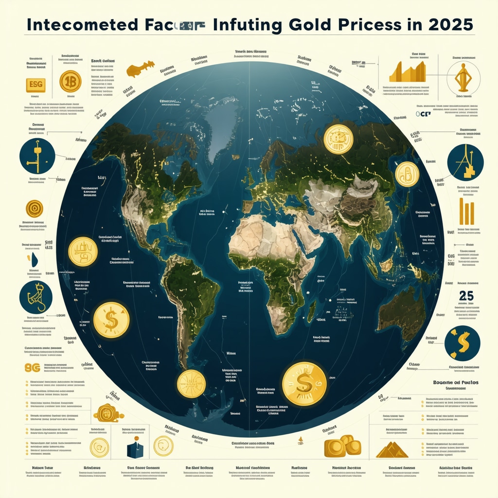Infographic illustrating geopolitical, central bank, ESG, and market volatility factors affecting gold prices in 2025