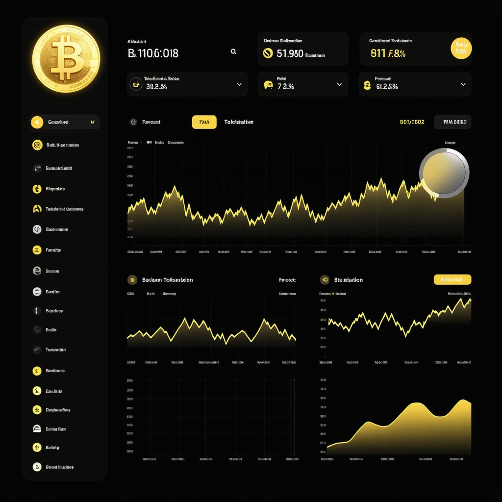 Futuristic interface displaying AI-driven gold price predictions, blockchain tokens, and sentiment analysis charts