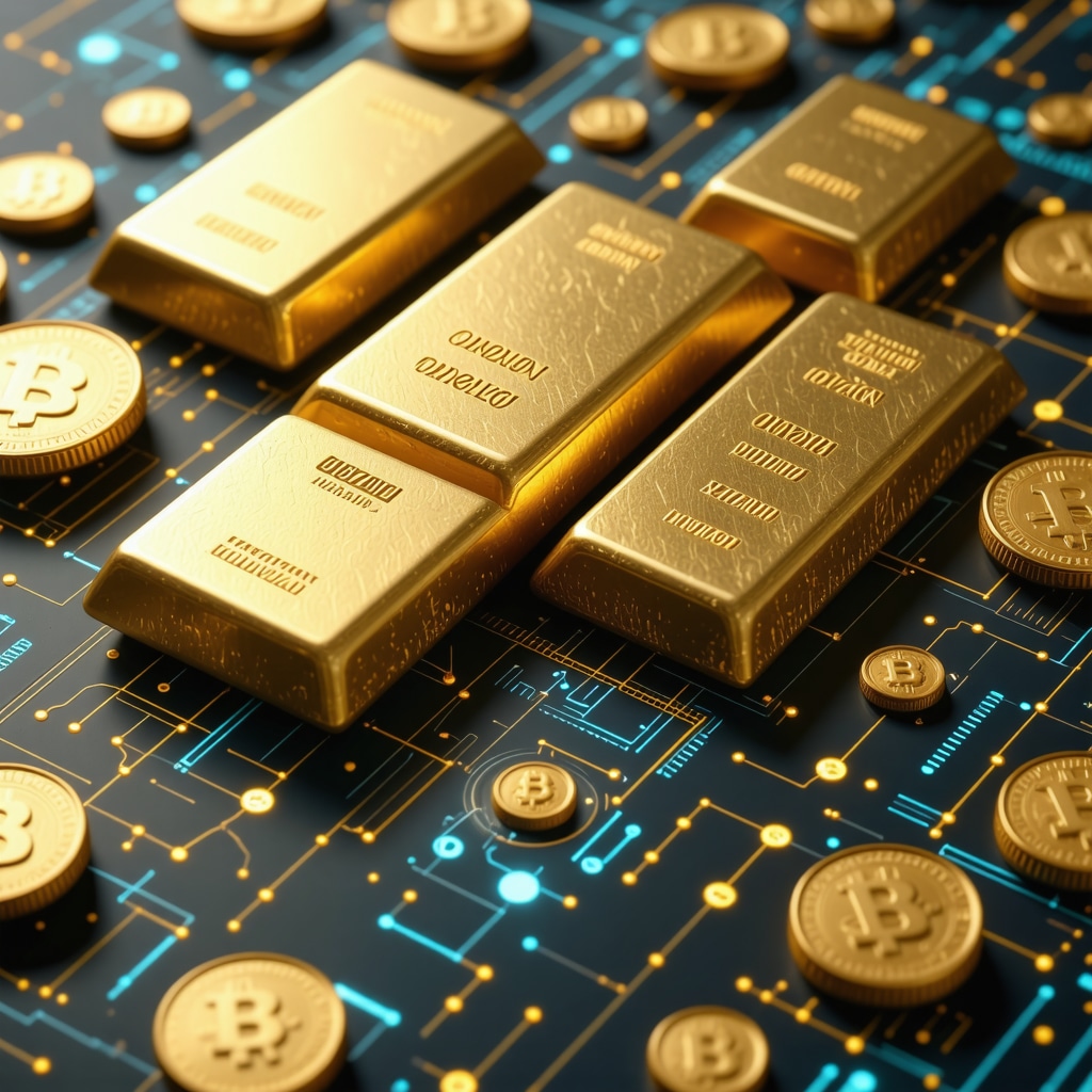 Gold bars and coins with digital blockchain and AI graphics representing advanced authentication