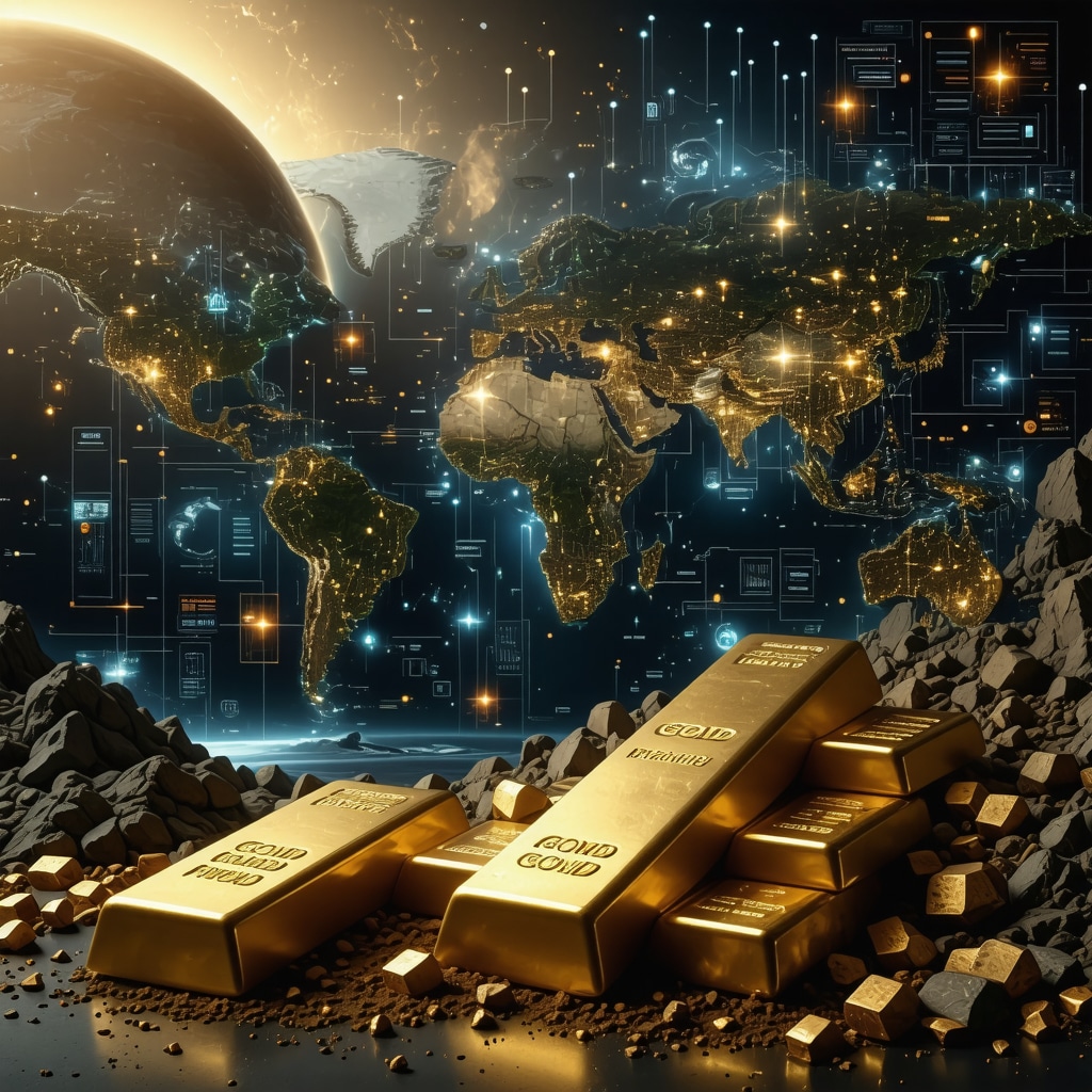 Digital interface showing AI and blockchain data analytics for gold market with gold bars and mining elements in the background