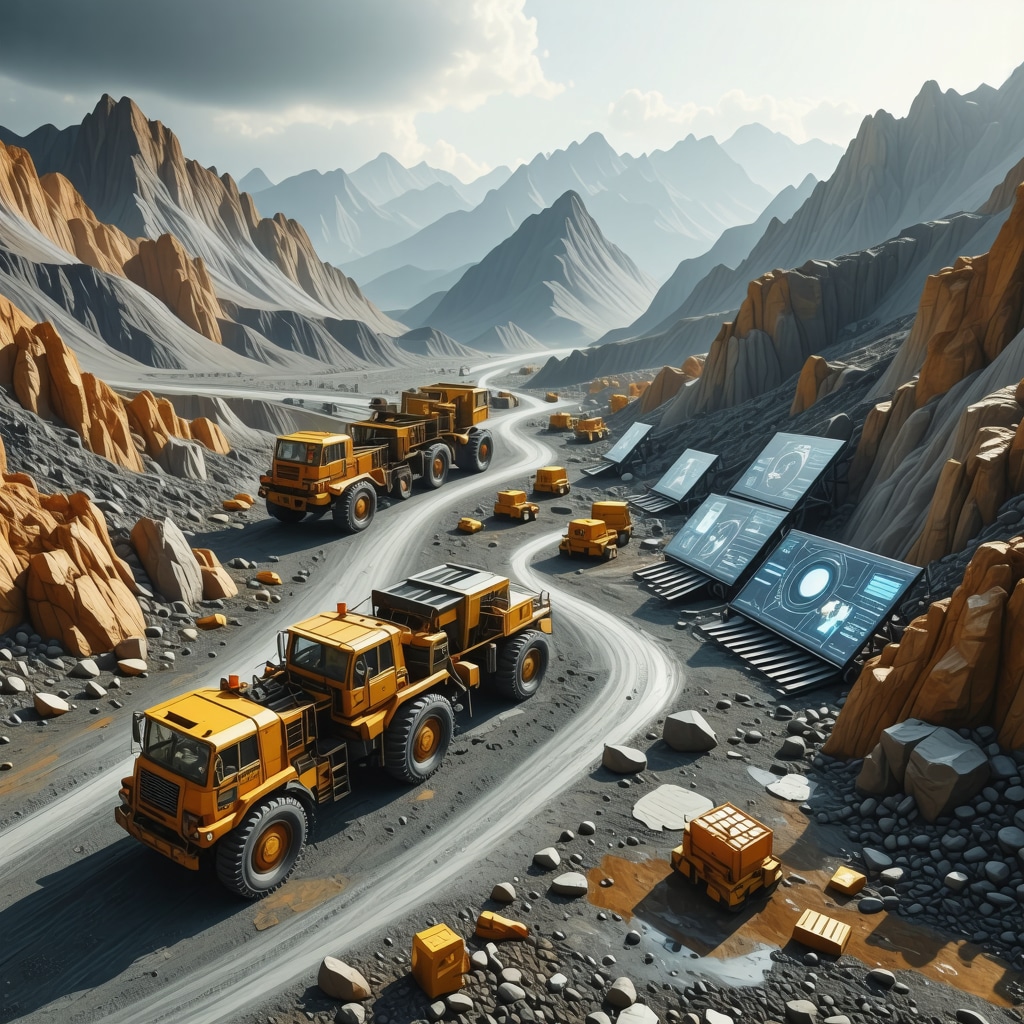 Automated gold mining machinery with AI analytics and solar panels demonstrating advanced and sustainable mining technologies