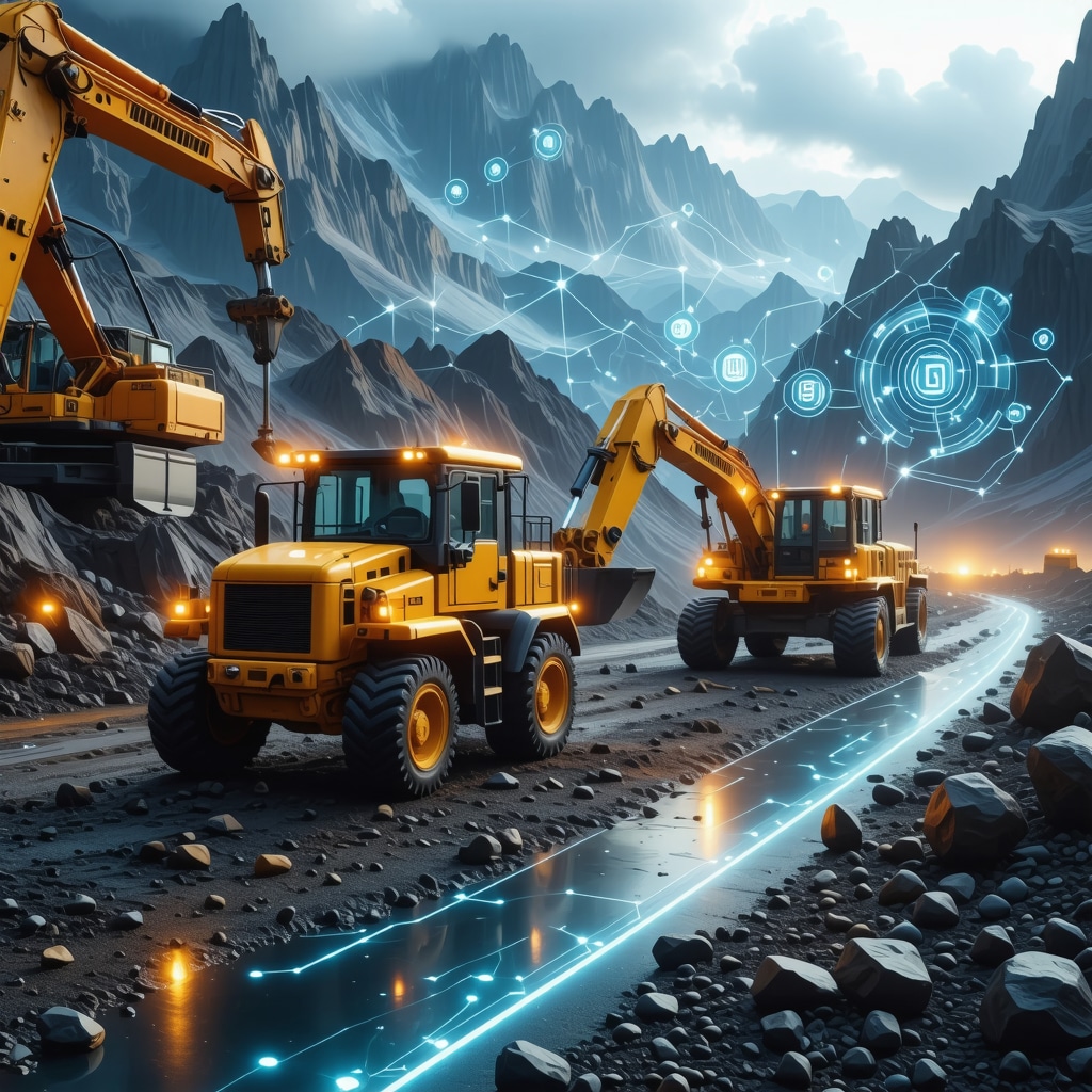 Autonomous gold mining operation with AI and blockchain technology visualization