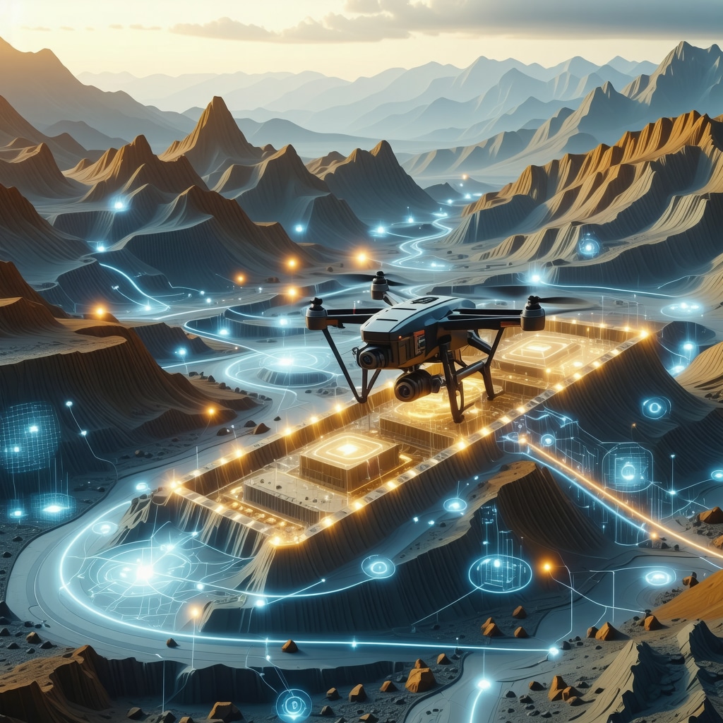 Drones surveying gold mining terrain with blockchain data overlays and digital interfaces