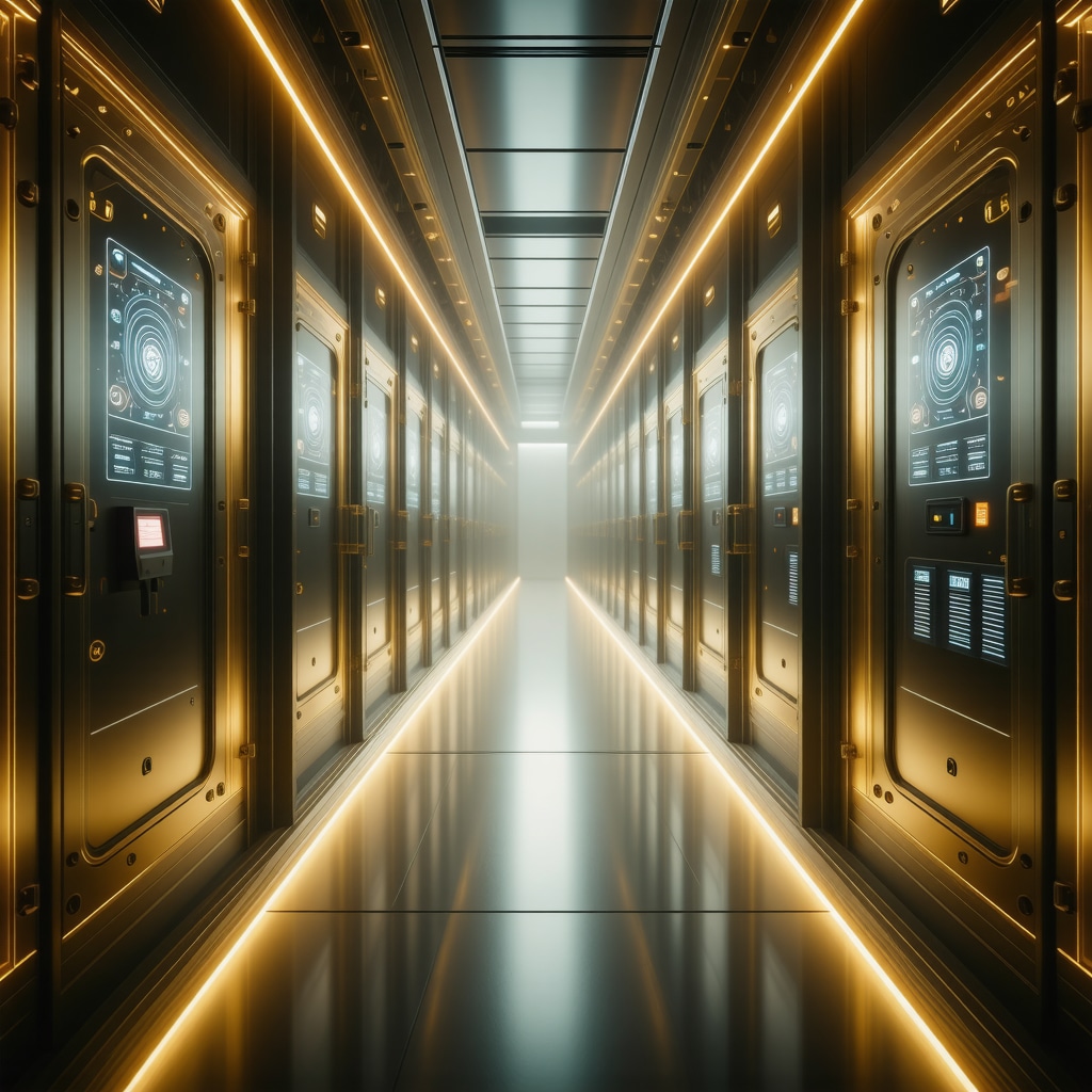 High-tech gold vault with biometric scanners and AI surveillance displaying blockchain certificates