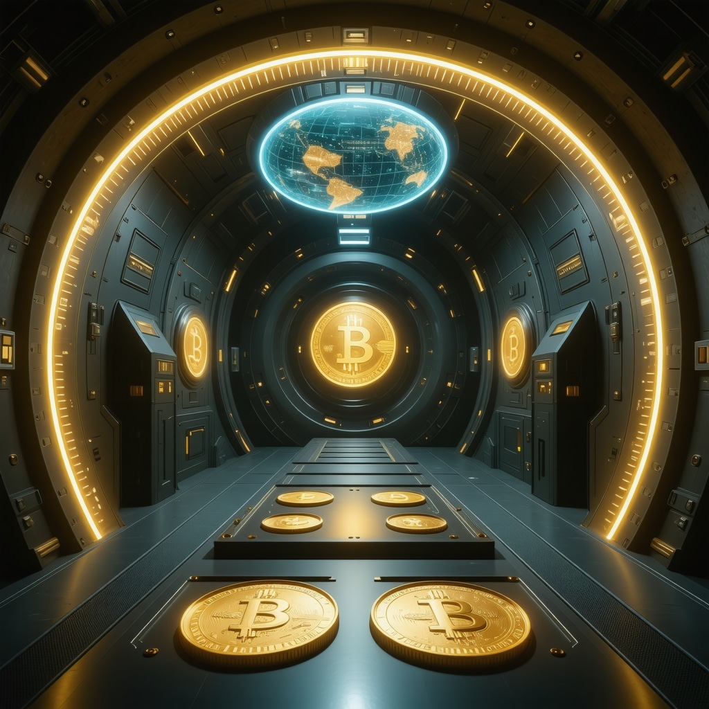 High-tech vault featuring biometric scanners and AI surveillance systems securing gold coins