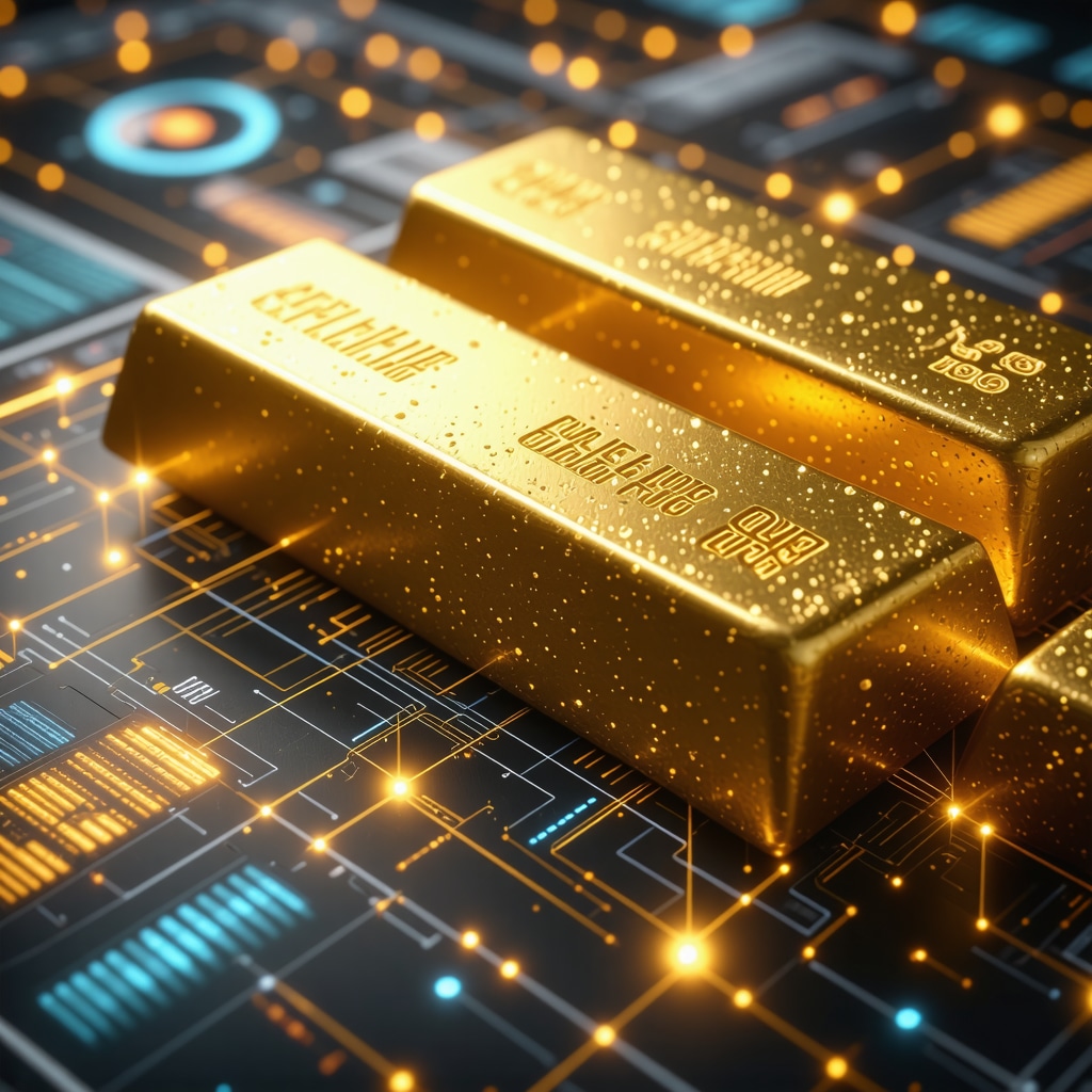 Gold bars with blockchain symbols and data analytics graphs representing advanced gold market insights