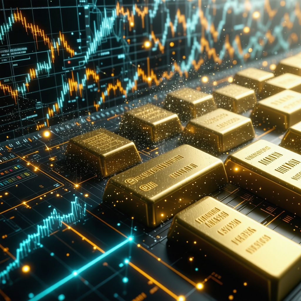 Digital dashboard showing AI algorithms, blockchain networks, quantum computing, gold bars, and stock market graphs