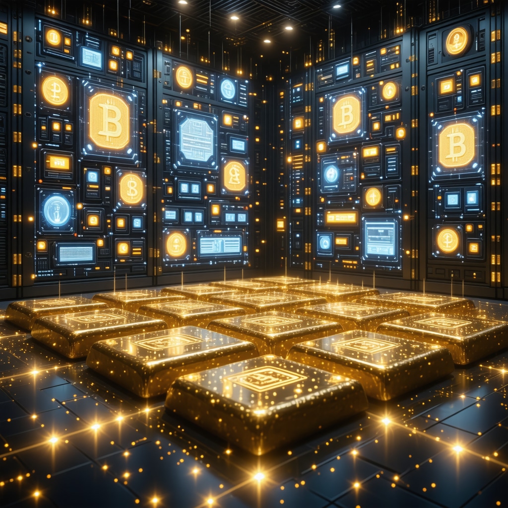 Physical gold bars in a high-security vault with digital blockchain authentication visuals