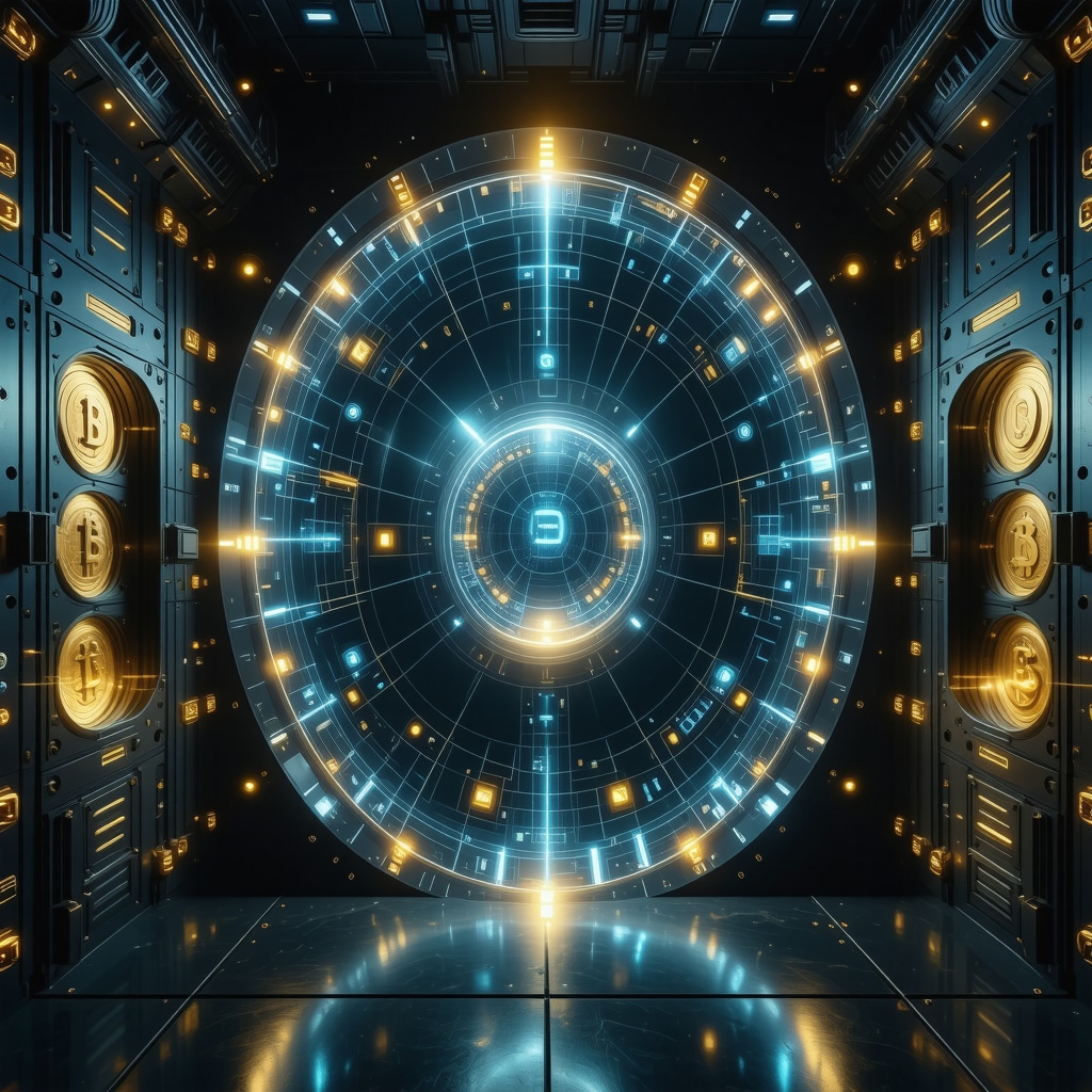 Gold coins secured in a high-tech vault featuring augmented reality displays and blockchain data visualization