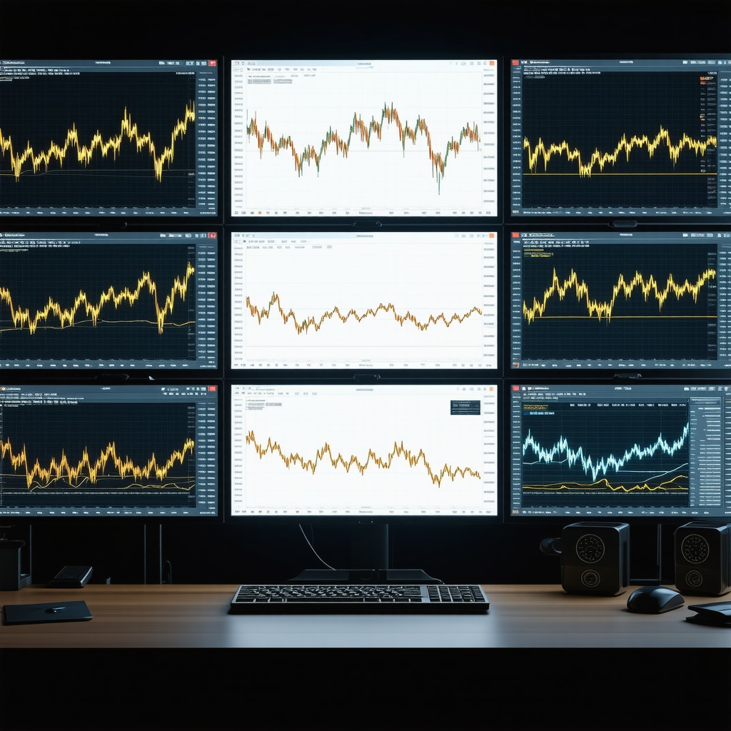 Trading desk with multiple monitors showing gold futures charts, blockchain data, and sentiment analysis