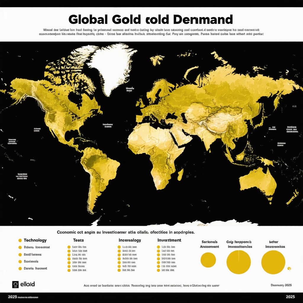 Infographic illustrating global gold demand by region and sectors with key economic indicators for 2025