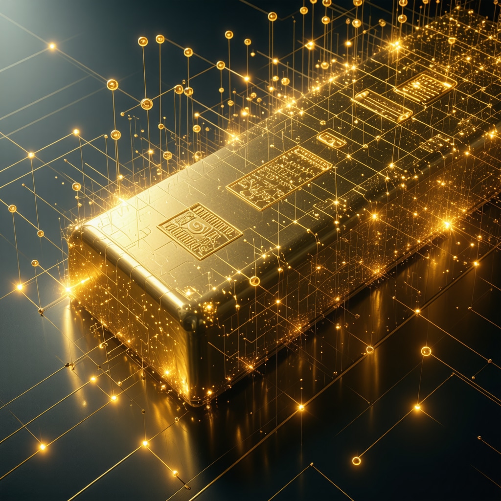 Digital illustration of gold bar with blockchain ledger overlay representing secure provenance and ethical sourcing