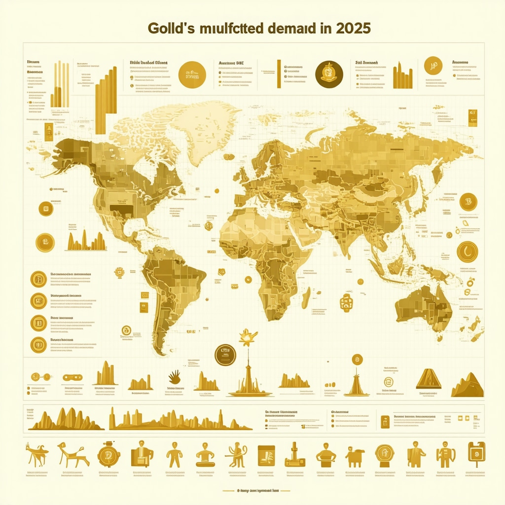 Infographic showing gold demand drivers including industrial use, digital tokenization, and ESG-focused mining investments in 2025