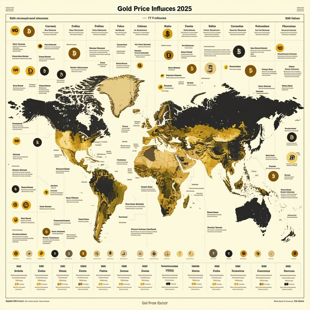 Infographic showing complex factors affecting gold prices in 2025 including central banks, ETFs, ESG, currencies, and crypto