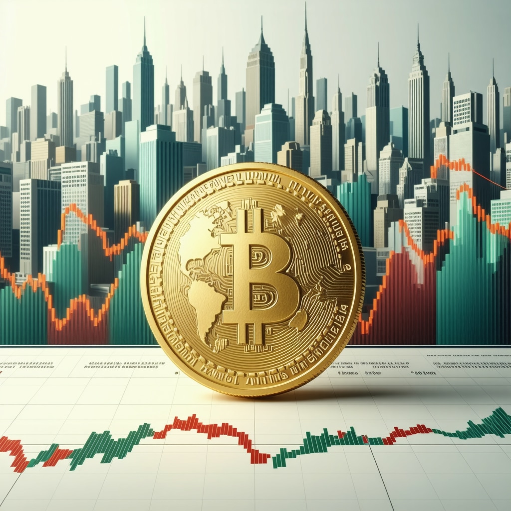 Gold coin and fluctuating financial chart with global landmarks and central bank symbols