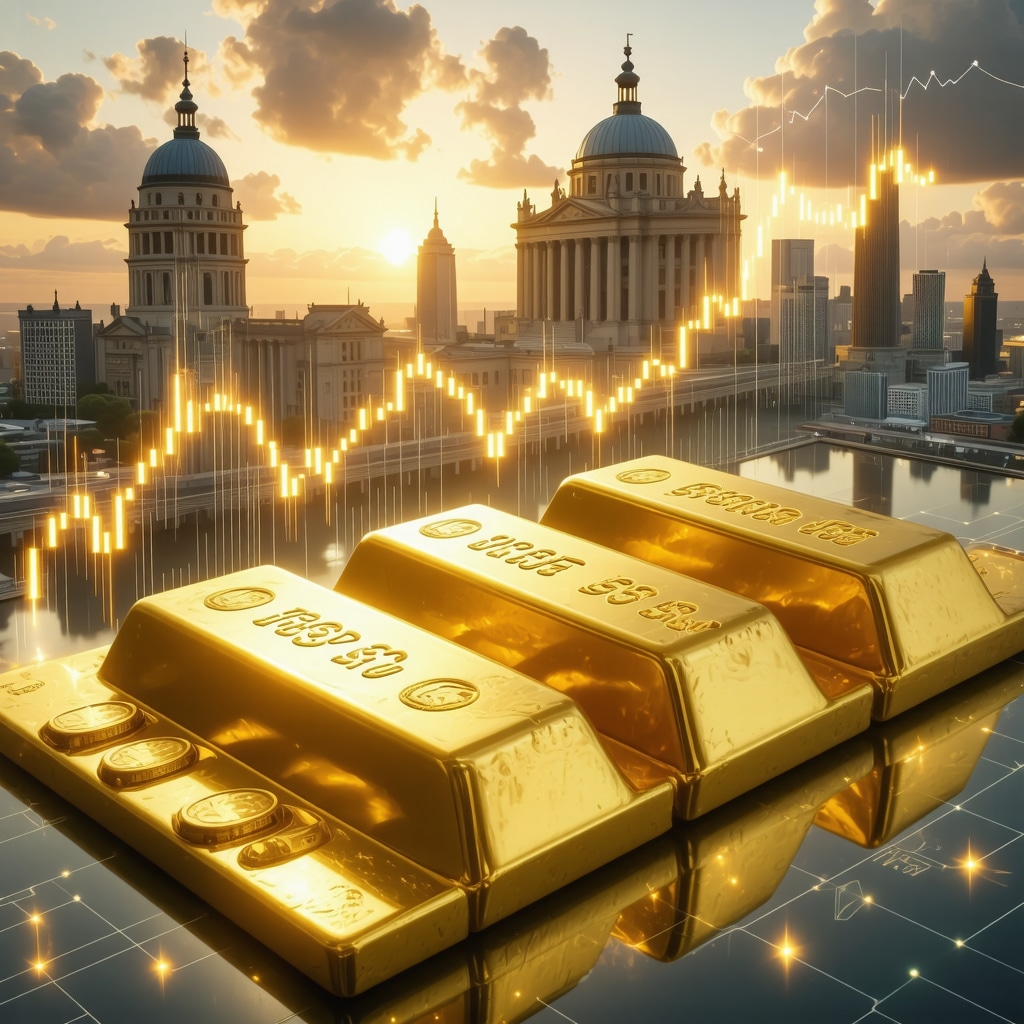 Financial chart showing correlation between real interest rates and gold prices with central bank and blockchain technology symbols