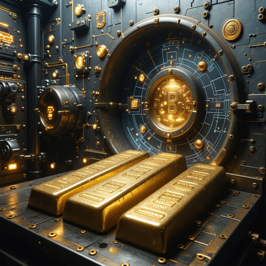Secure vault containing physical gold bars with digital blockchain technology visualization