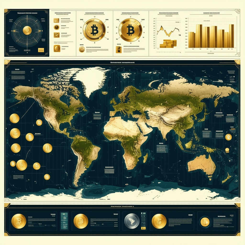 Infographic depicting global economic indicators, blockchain technology, and diversified portfolio with physical gold bars
