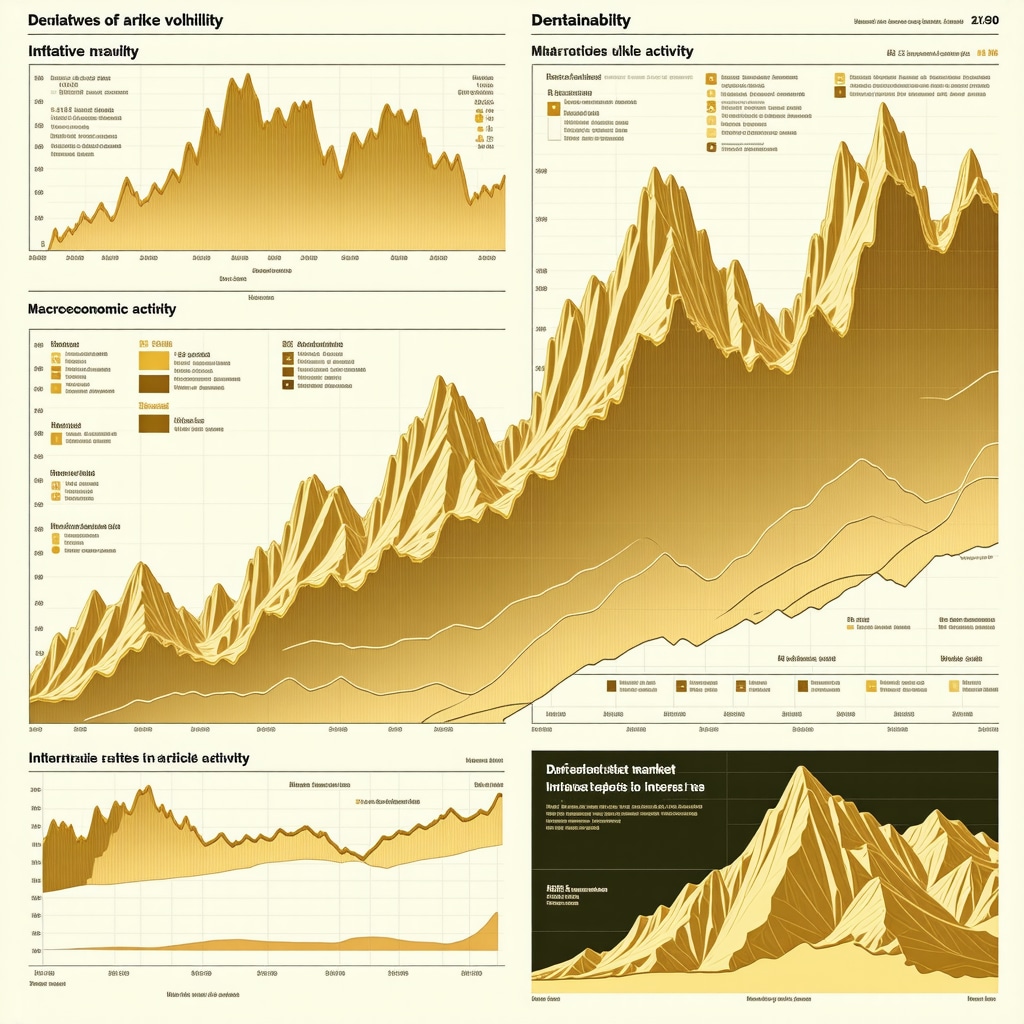 Infographic illustrating factors influencing gold price volatility including derivatives, inflation, interest rates, and sustainable mining practices