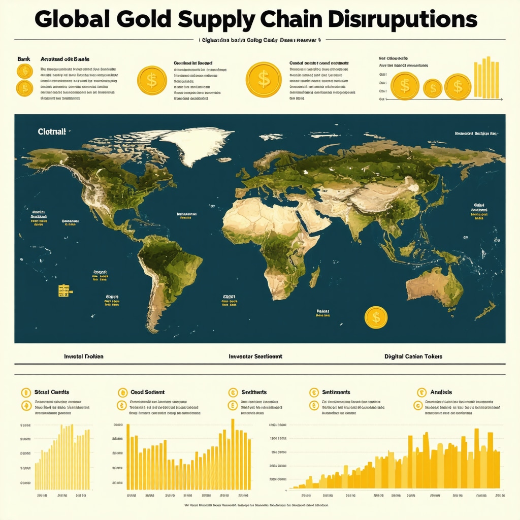 Detailed infographic showing gold supply chain disruptions, central bank reserve trends, digital gold token mechanisms, and sentiment analysis charts