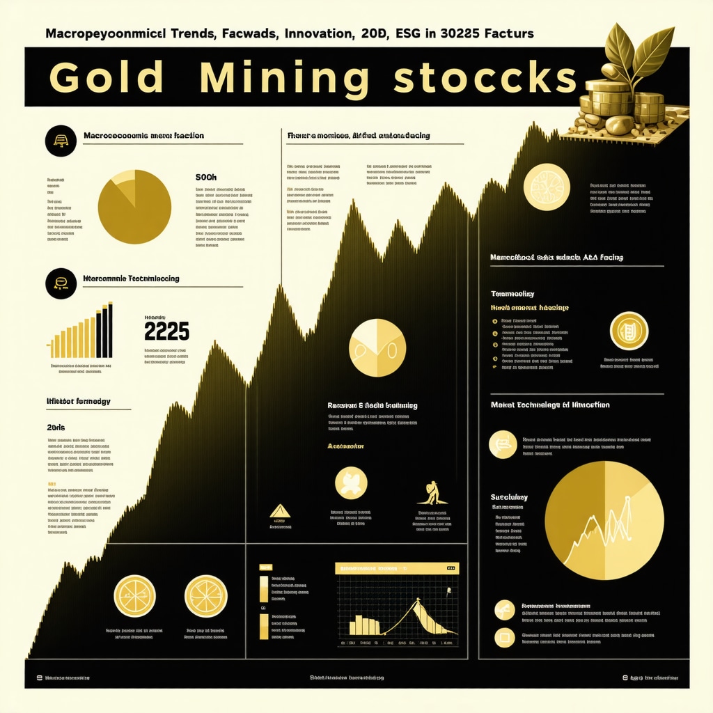 Infographic showing how macroeconomic trends, technology, and ESG influence gold mining stocks in 2025