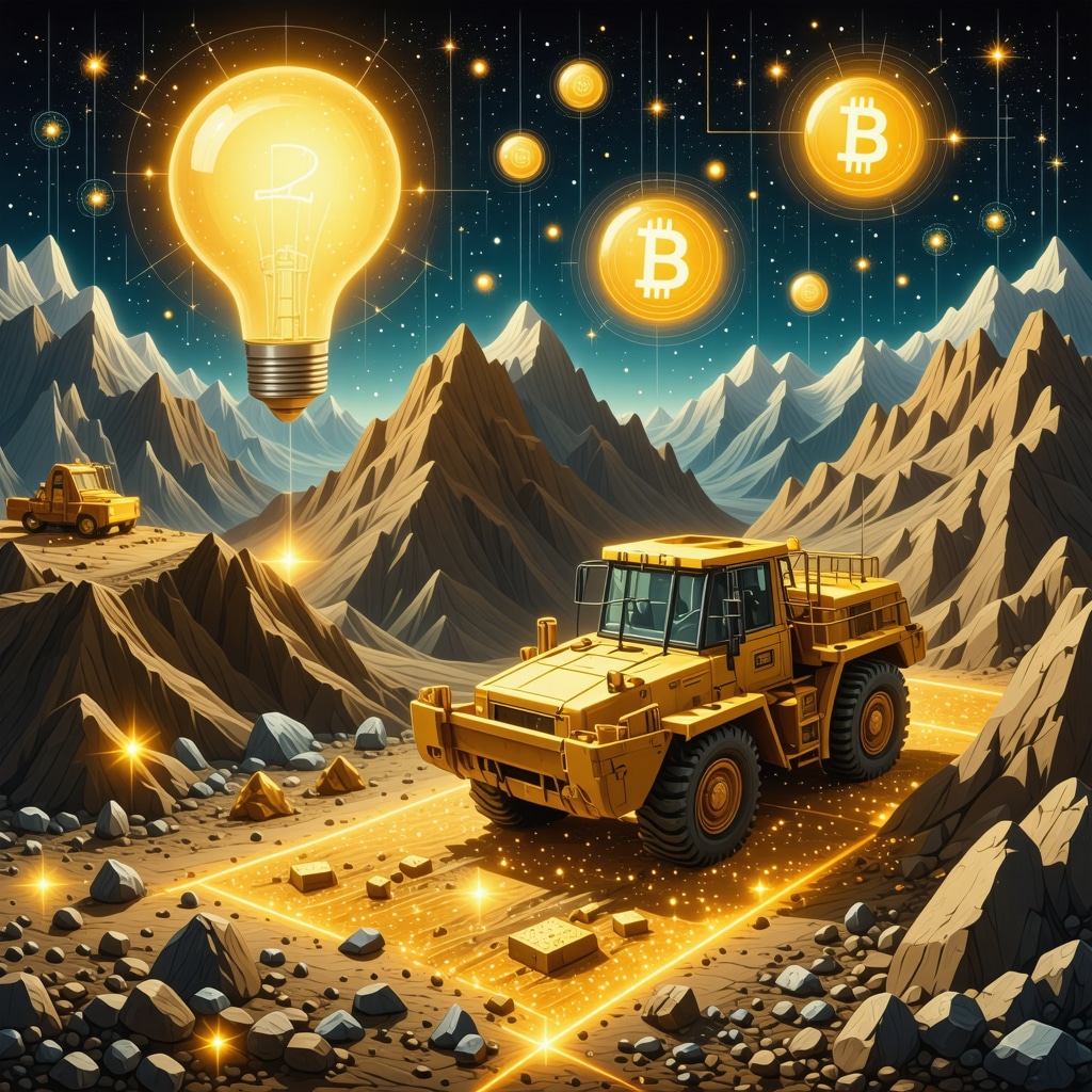 Futuristic gold mining equipment with AI and blockchain elements representing technological and sustainable advances in gold stock industry