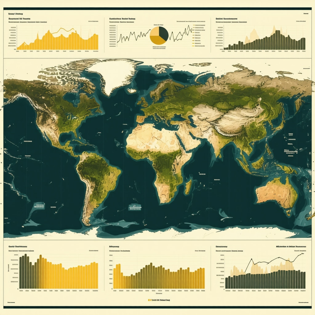Infographic illustrating ESG scores, options and futures charts, and geopolitical risk maps related to gold mining stocks
