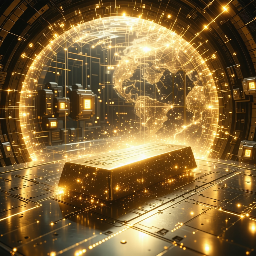 Futuristic vault with gold bars featuring laser inscriptions alongside holographic blockchain and AI data representations