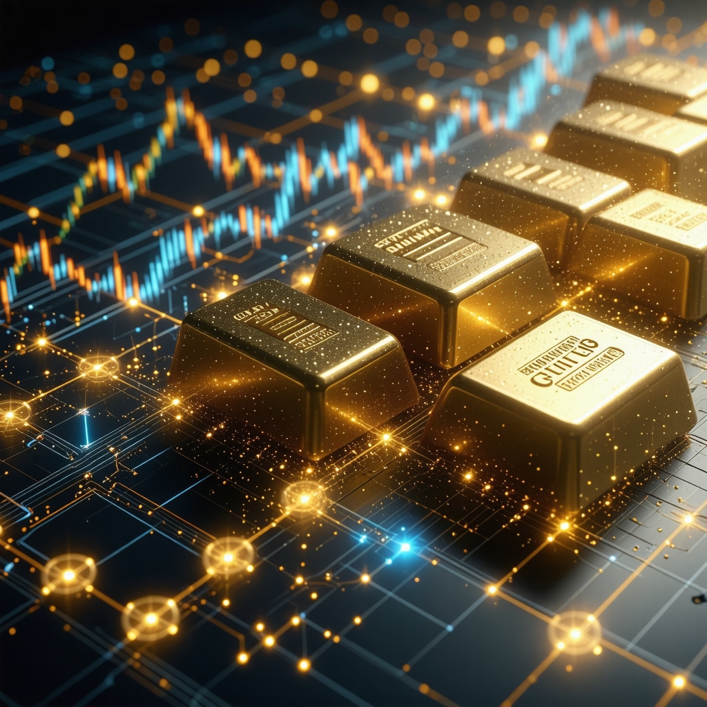 Abstract digital art showing behavioral finance and blockchain concepts linked with gold trading visuals
