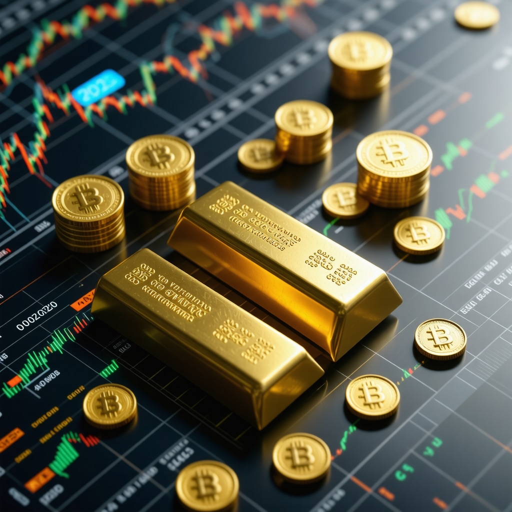 Digital interface showing physical gold bars, coins, blockchain tokens, and stock charts representing gold investment strategies