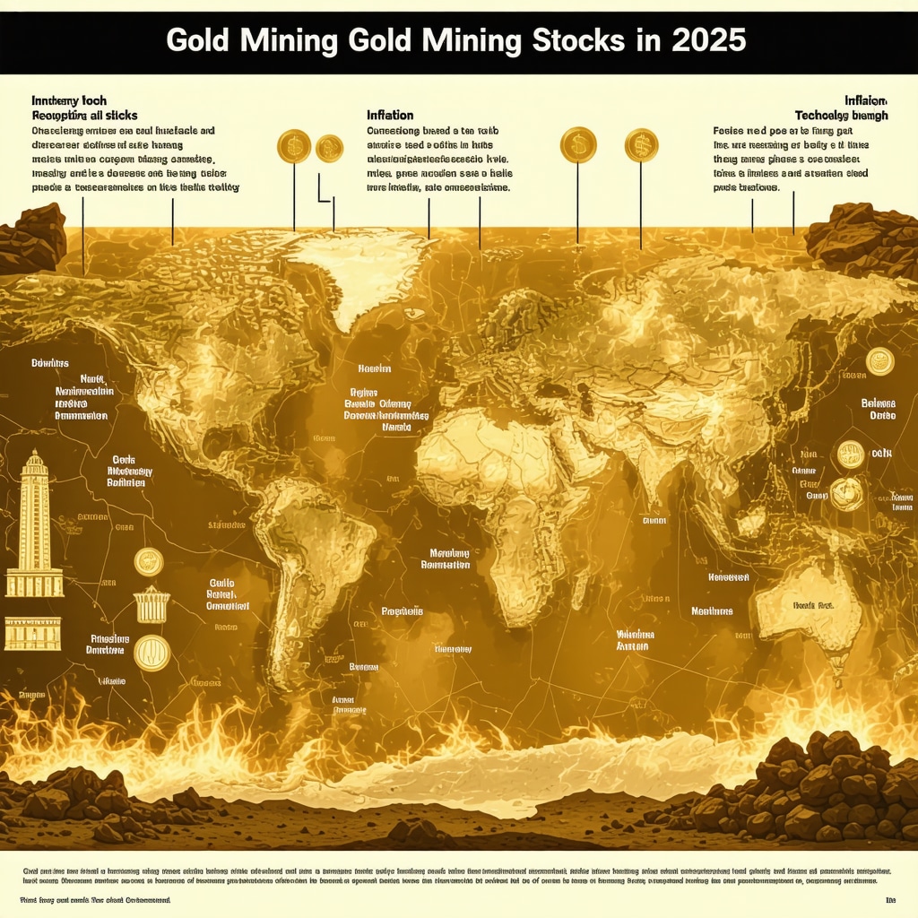 Infographic showing currency, inflation, geopolitical risks, and tech innovation affecting gold mining stocks