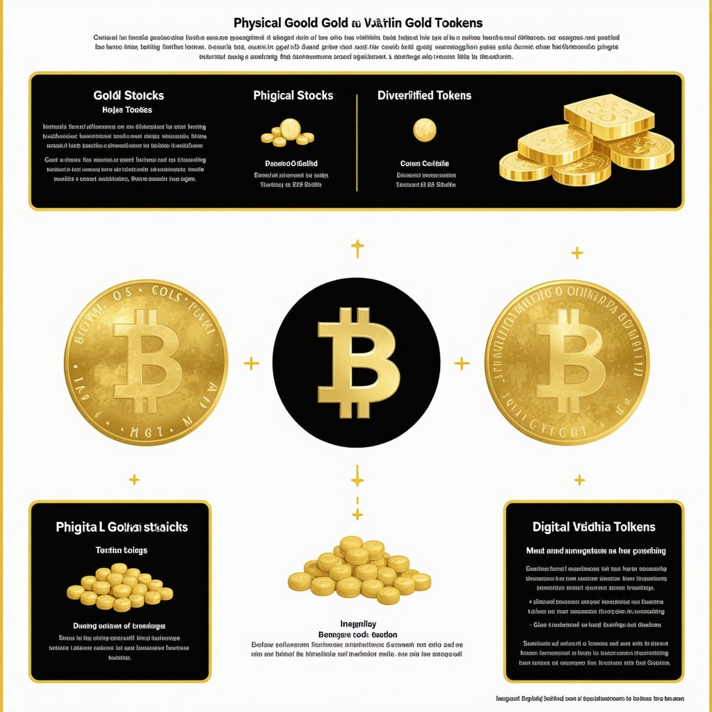 Infographic showing diversification of gold investments among physical gold, gold stocks, and digital gold tokens with tax and liquidity factors
